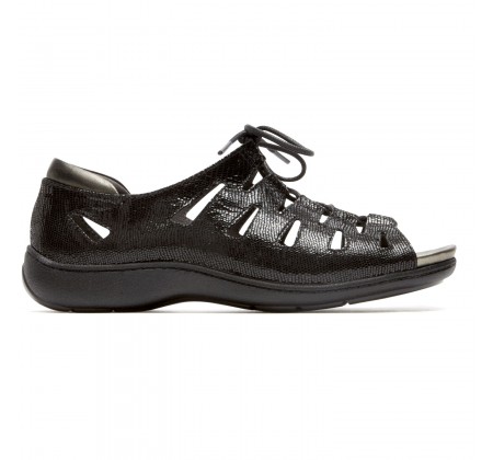 Aravon Bromly Ghillie Black Peep Toe Leather Sandals